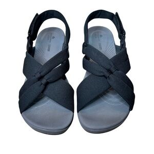 Clarks Cloudsteppers CushionSoft Black Strap Knot Sandals w Velcro, Women’s 8